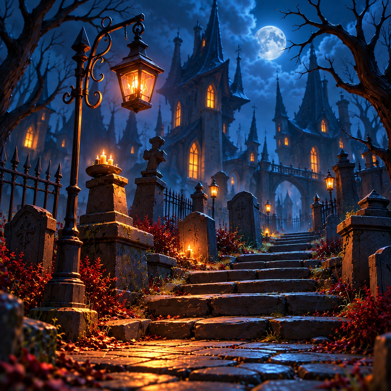 Moonlit gothic graveyard path lit by lanterns