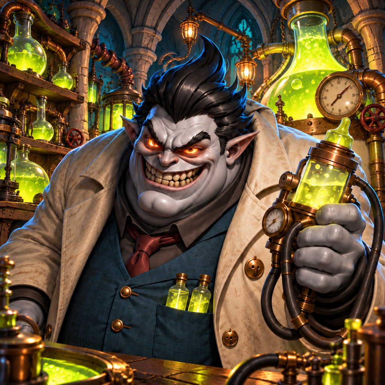 Grinning scientist holding a glowing green potion in a steampunk laboratory
