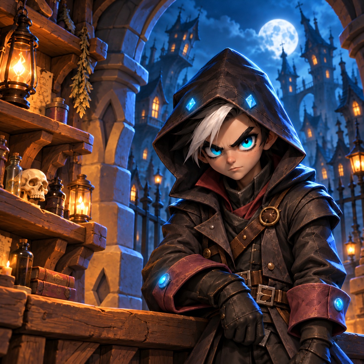 Hooded young hero with glowing blue eyes in a lantern-lit city