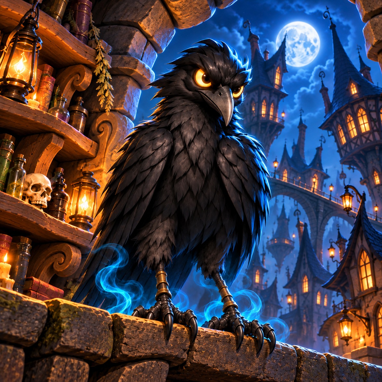 Black raven with glowing amber eyes perched on a stone ledge